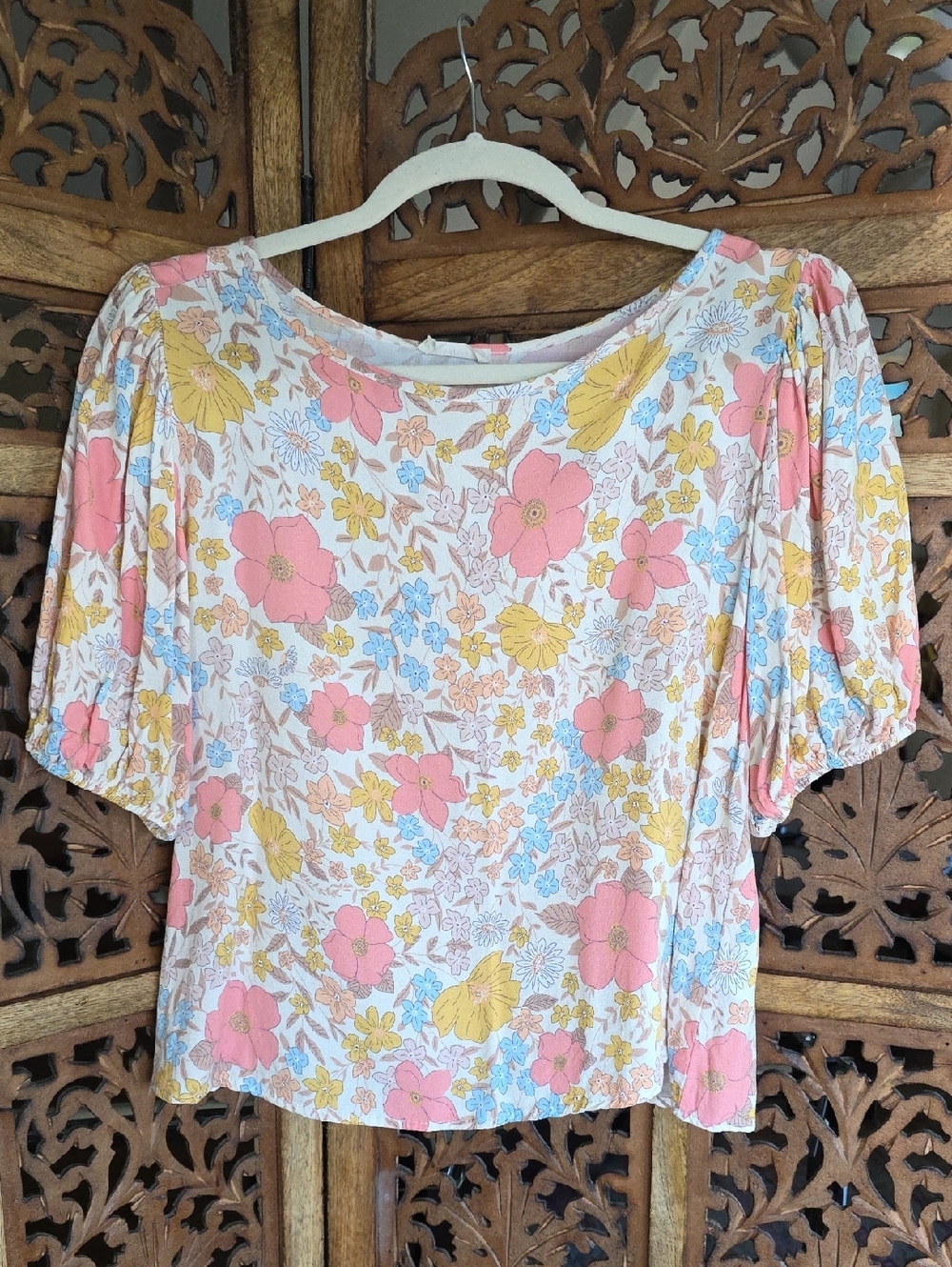 Floral Puff-Sleeve Blouse in Pink, Yellow & Blue